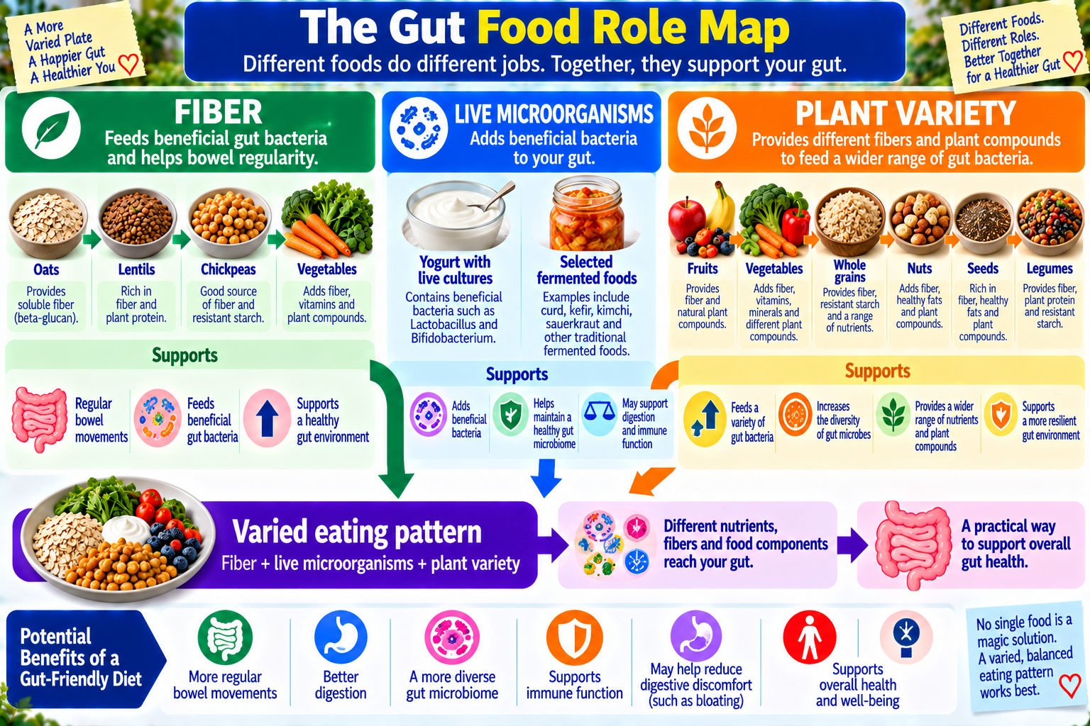 Gut food role map showing fiber-rich foods, live-culture foods, and plant variety in a balanced eating pattern