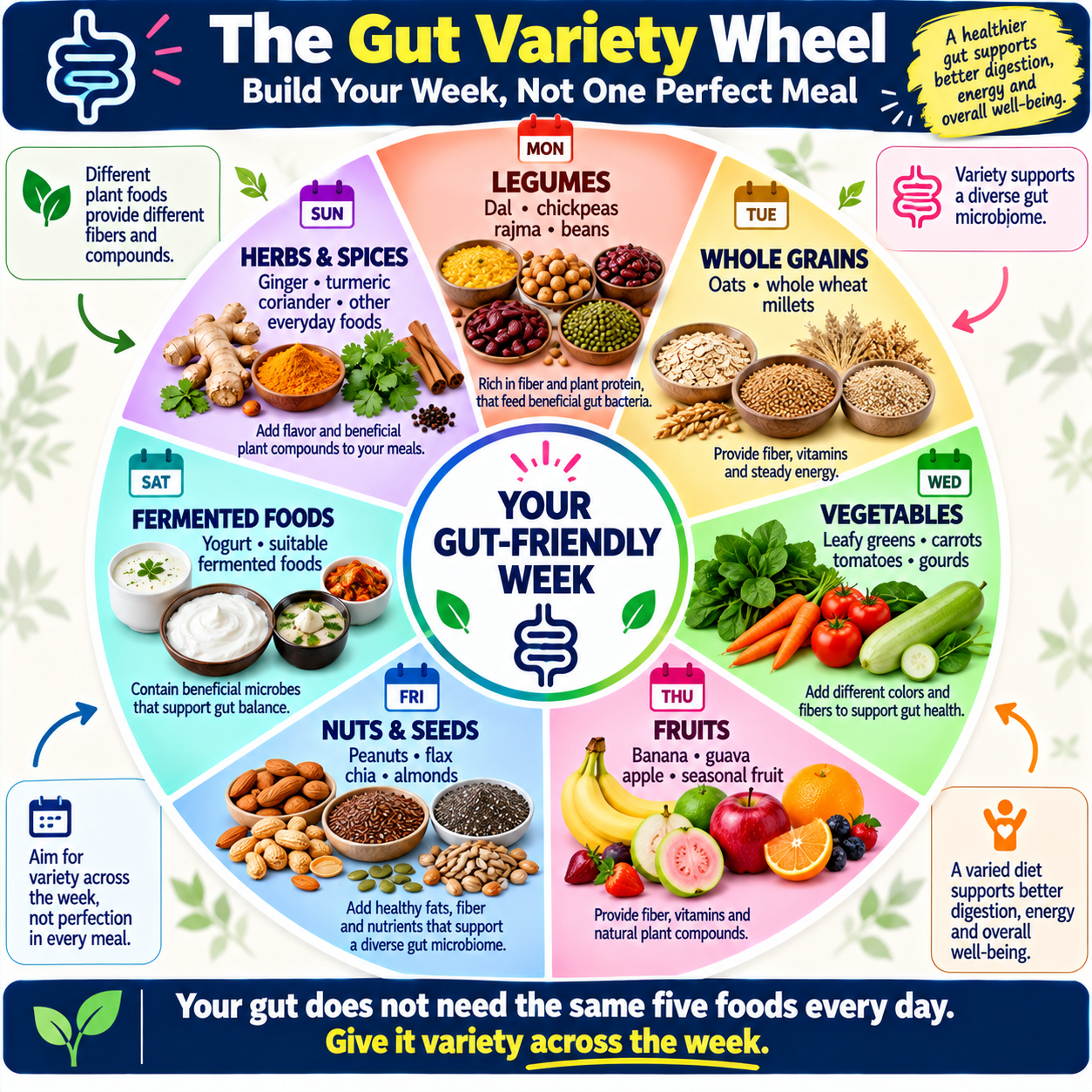 Gut health variety wheel showing seven food groups to include across a balanced weekly diet