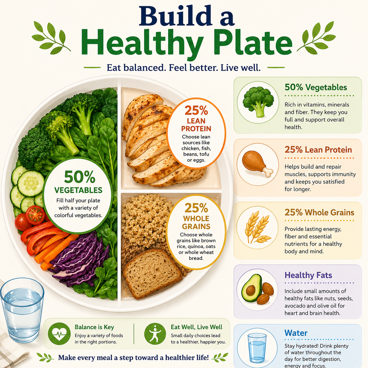 Healthy plate infographic showing balanced portions for vegetables, protein and whole grains.