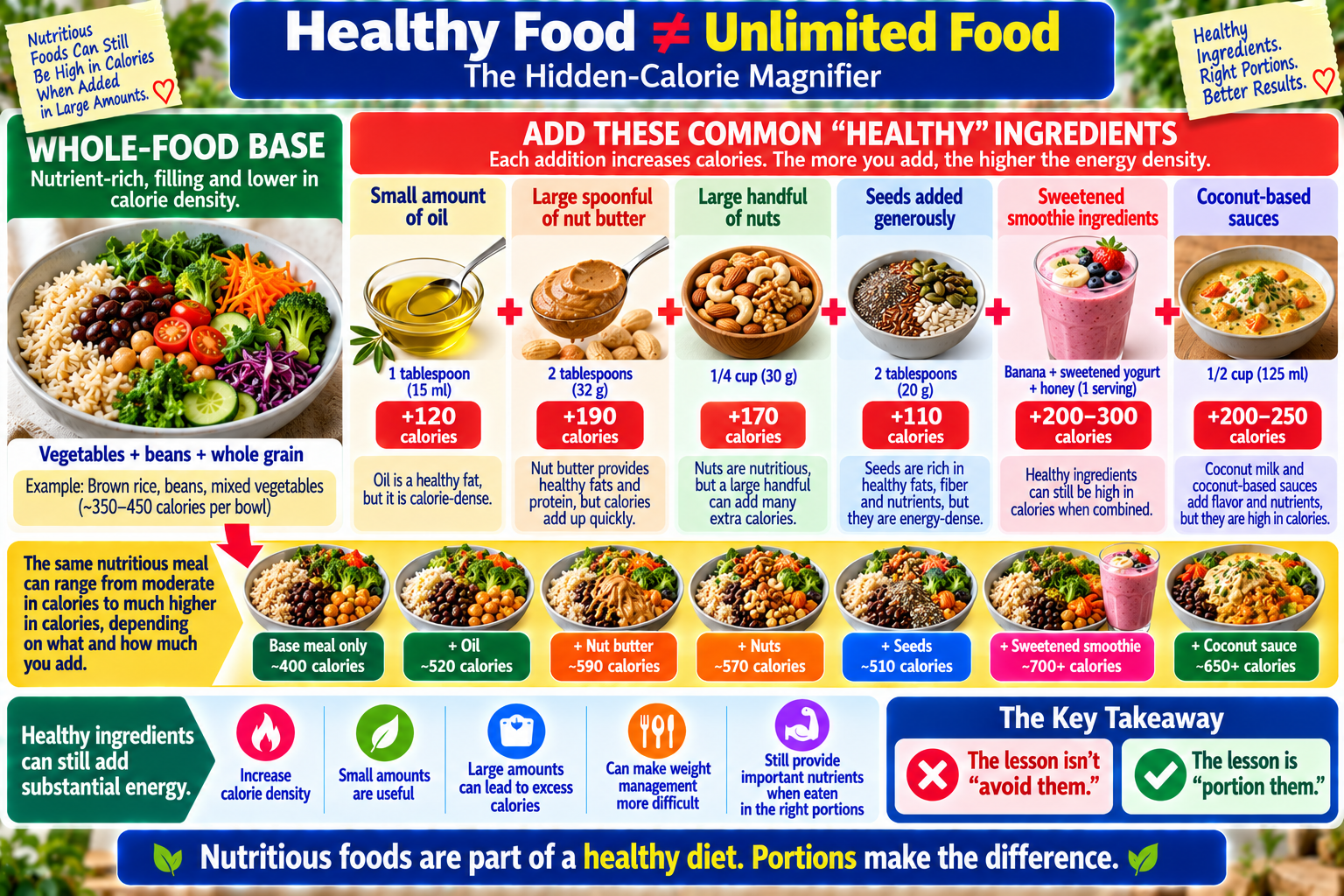 Hidden-calorie infographic showing how oils, nuts, seeds, nut butter, and other calorie-dense ingredients can increase energy intake in plant-based meals