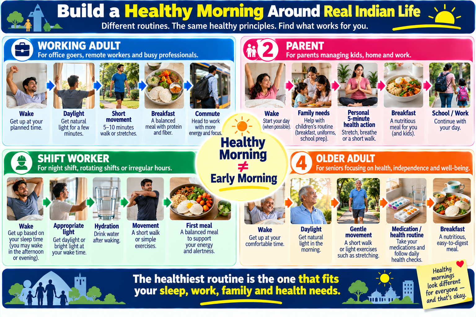 Healthy morning routine adapted for Indian working adults parents shift workers and older adults
