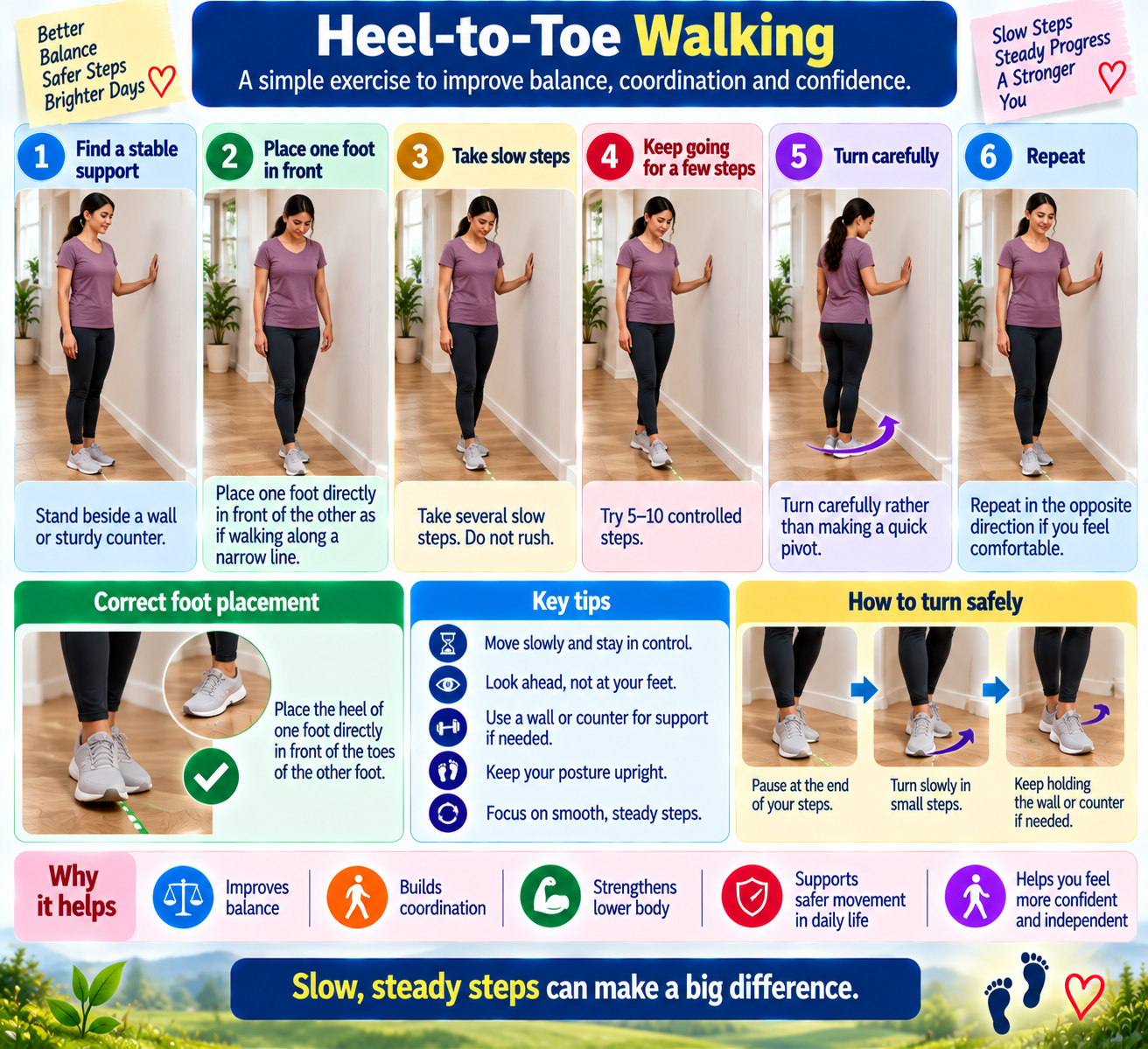 Step-by-step heel-to-toe walking exercise beside a wall, showing foot placement, slow controlled steps, careful turning, and balance tips.
