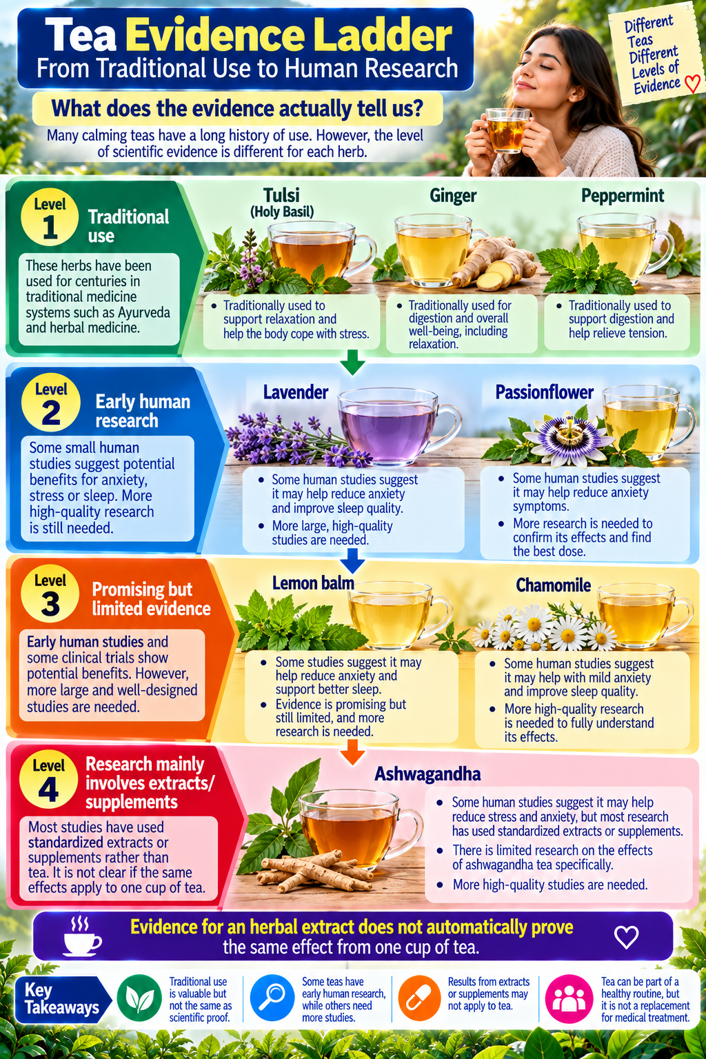 Evidence ladder comparing traditional use, early research, promising evidence, and extract-based research for calming herbal teas