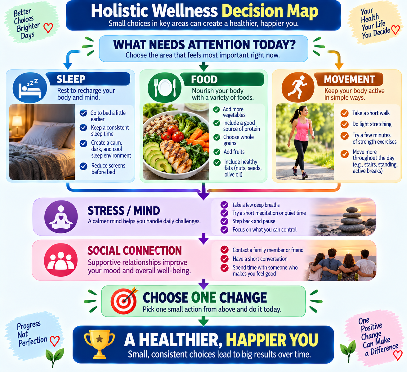 Holistic wellness decision map showing how to choose practical habits based on sleep, nutrition, movement, stress, relationships and personal needs