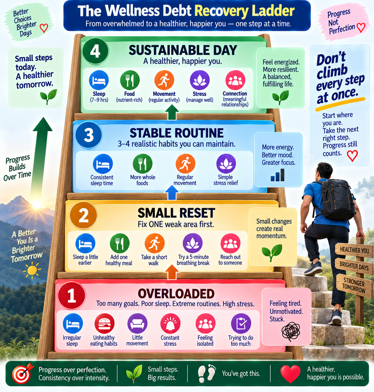 Holistic wellness recovery ladder showing how small changes in sleep, food, movement, stress and social connection can rebuild daily wellness