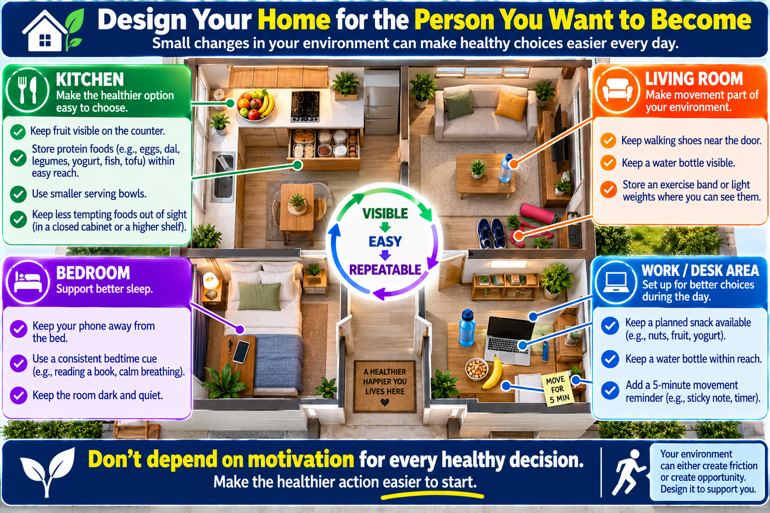 Home environment design for fat loss showing kitchen, living room, bedroom, and workspace habit cues