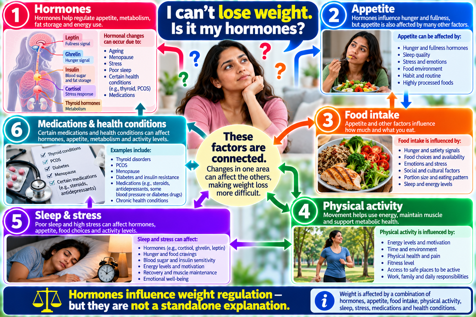 Infographic showing why hormones do not act as a single weight-loss switch and how brain, appetite, food, activity, sleep, metabolism and hormones interact