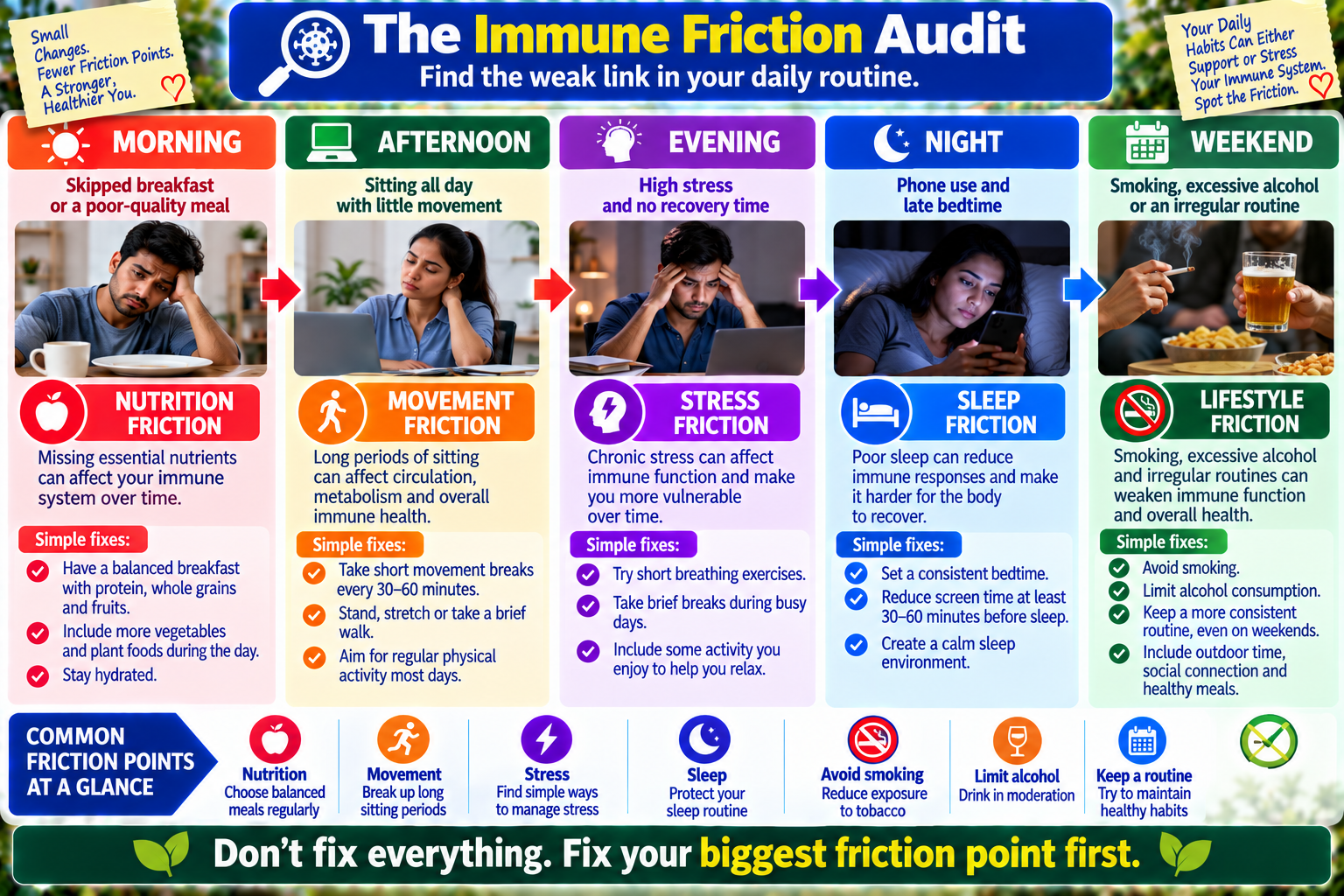 Immune friction audit showing how nutrition, movement, stress, sleep and lifestyle barriers can disrupt healthy immune-supporting routines