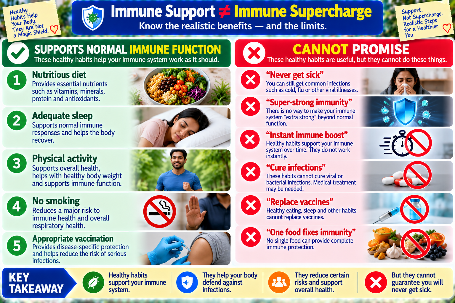 Immune health infographic comparing what healthy habits can support with what they cannot promise