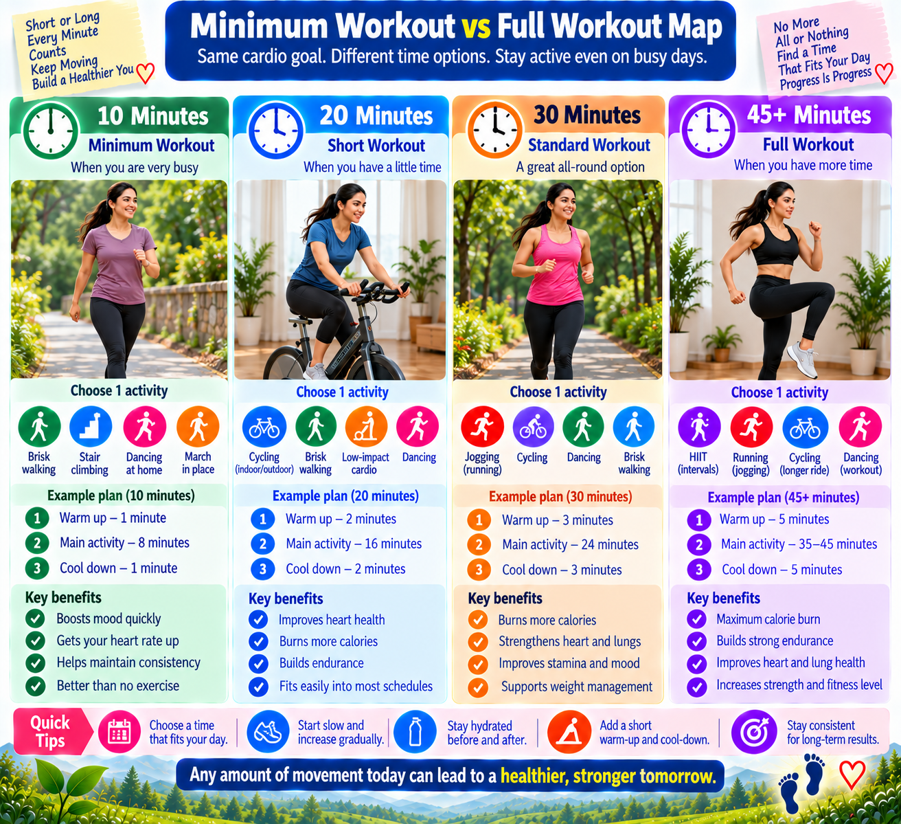 Minimum cardio workout guide showing practical 10, 20, 30 and 45-minute options for maintaining physical activity during busy days
