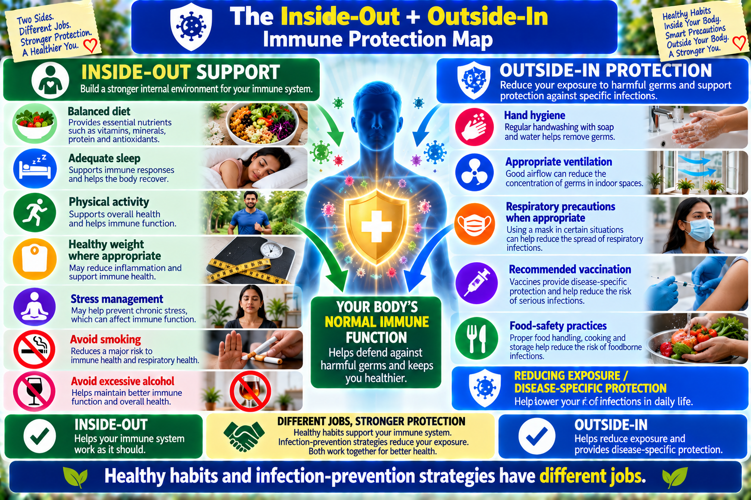 Inside-out and outside-in immune protection map showing healthy habits that support immune function and prevention strategies that reduce infection risk