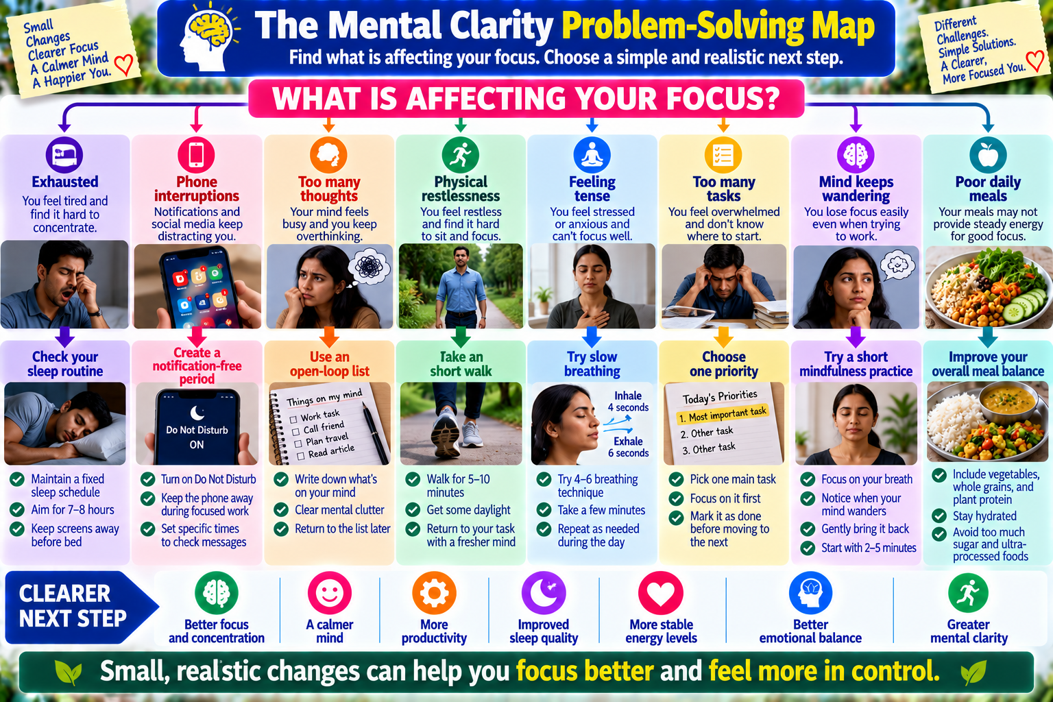 Mental clarity problem-solving map matching common focus problems with practical daily habits