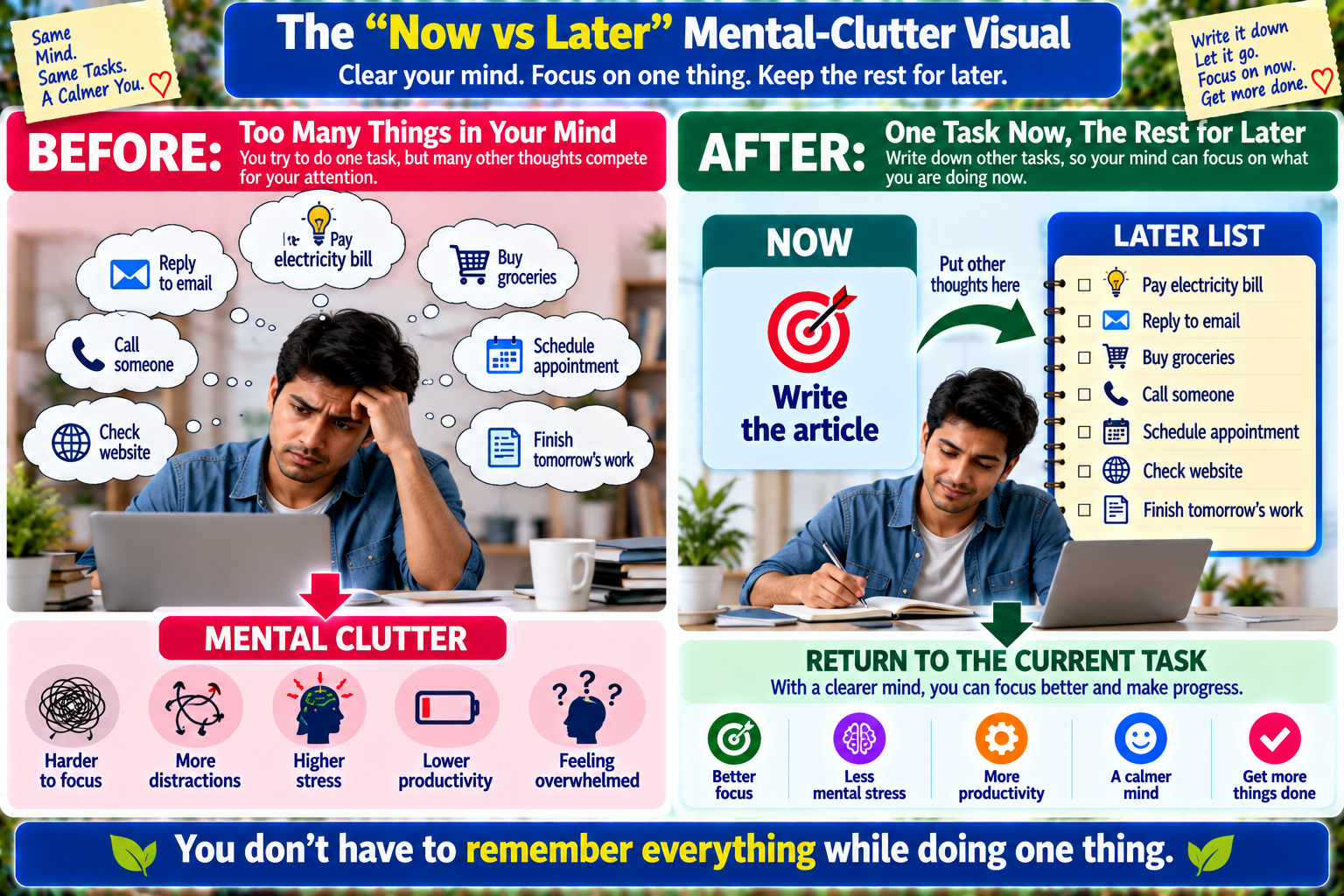 Now versus later mental clutter infographic showing how an open-loop task list separates unfinished tasks from the current focus task