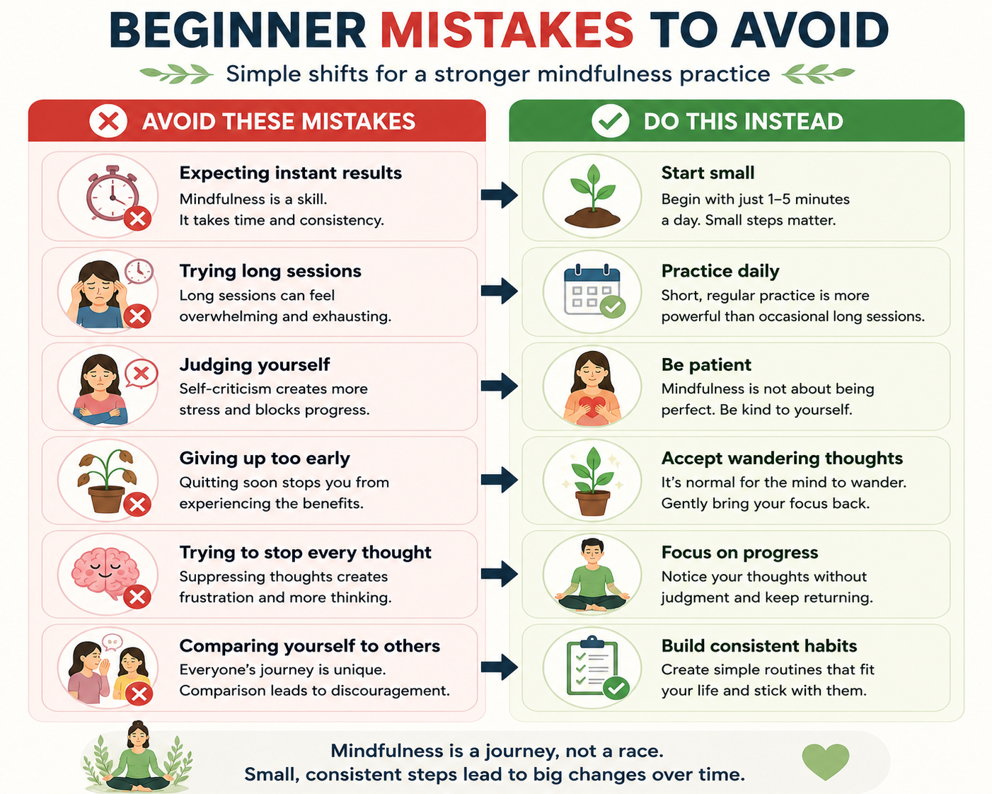 Infographic comparing common mindfulness mistakes with healthy beginner habits, including starting small, practicing consistently, accepting distractions, and focusing on progress.