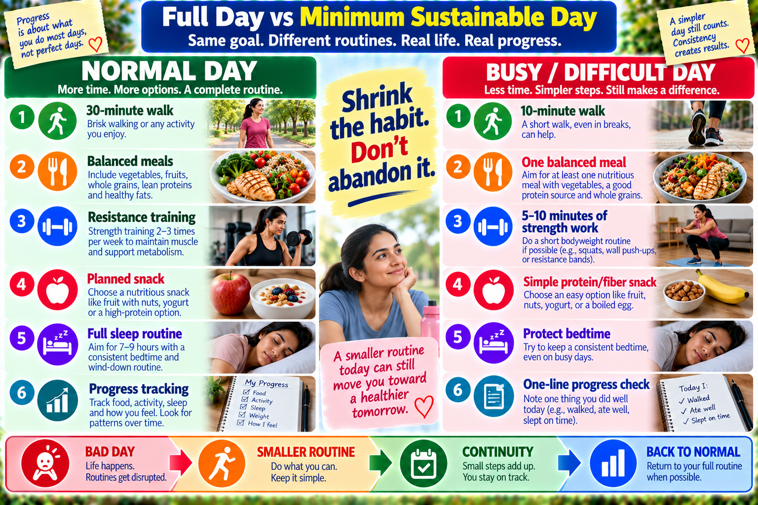 Minimum sustainable weight loss day comparing a full routine with a smaller routine for busy or difficult days