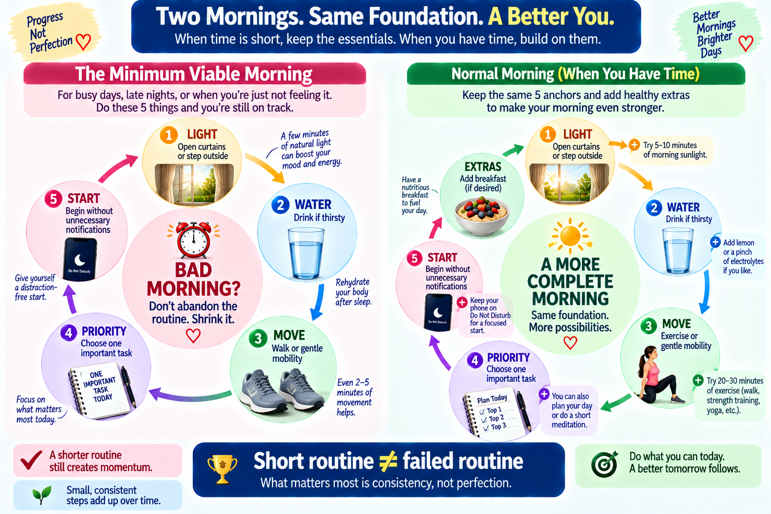 Minimum viable morning routine showing five essential actions for busy or rushed mornings
