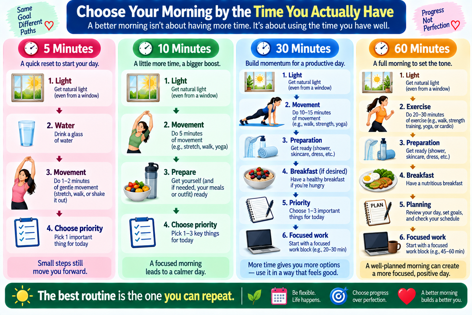 Morning routine decision guide showing practical productivity routines for 5, 10, 30 and 60 minutes