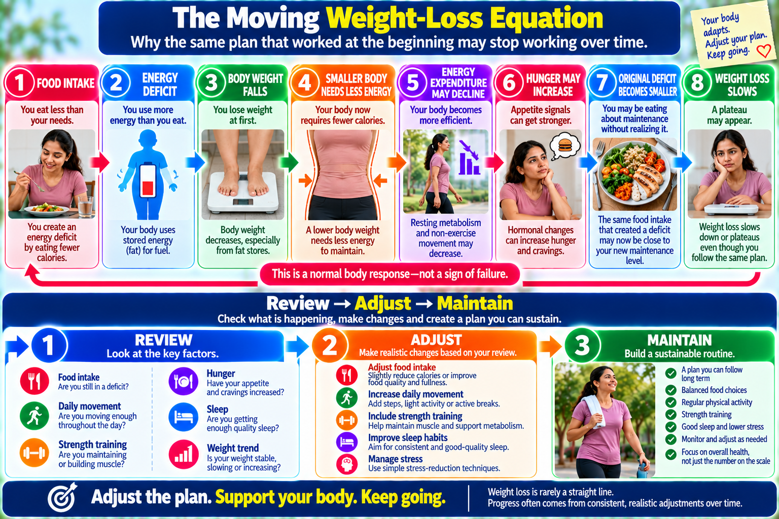 Moving weight loss equation showing how body weight, energy needs, appetite and activity change as weight loss progresses