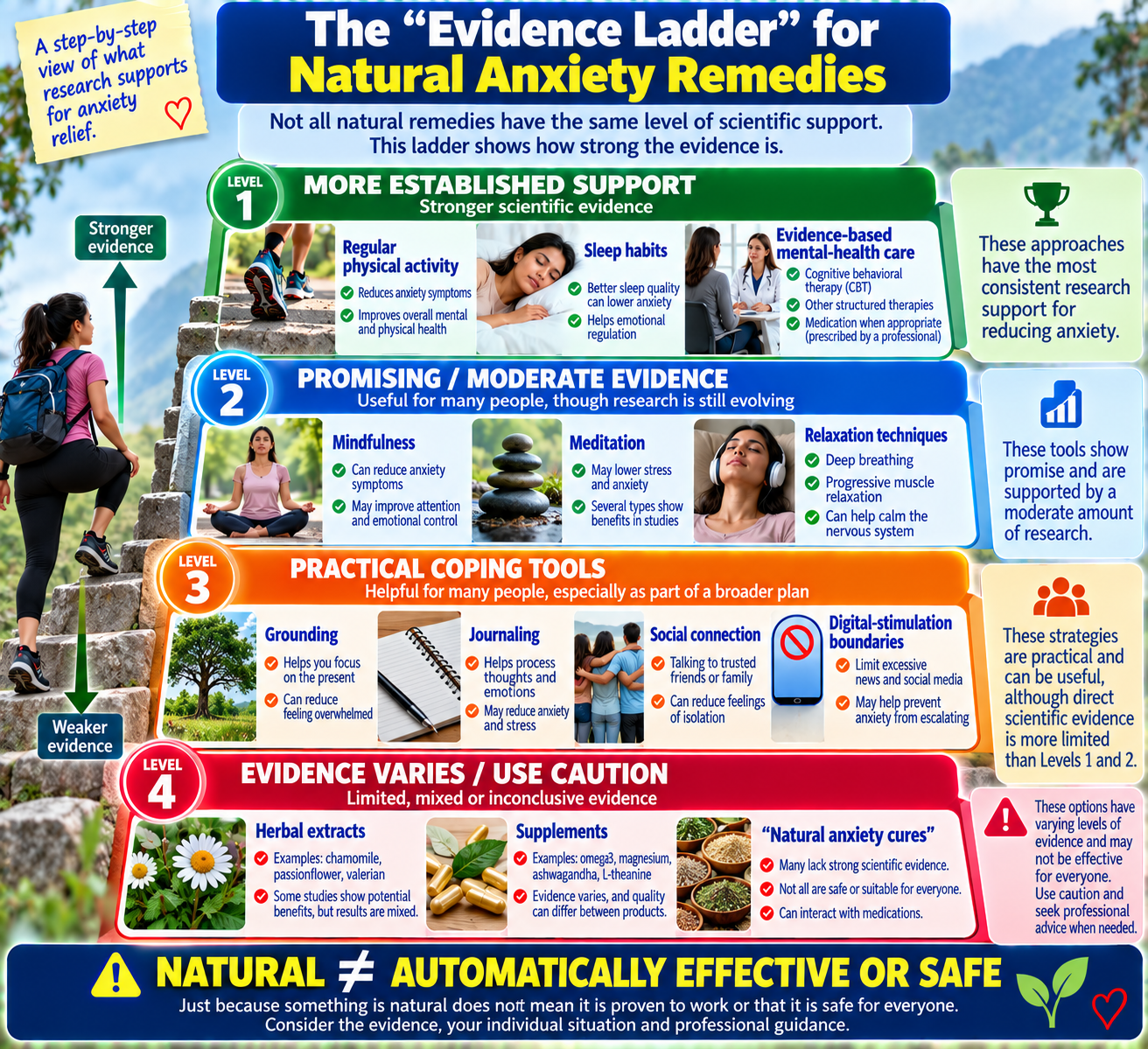 Evidence ladder for natural anxiety remedies comparing established lifestyle strategies, promising approaches, coping tools and supplements with variable evidence