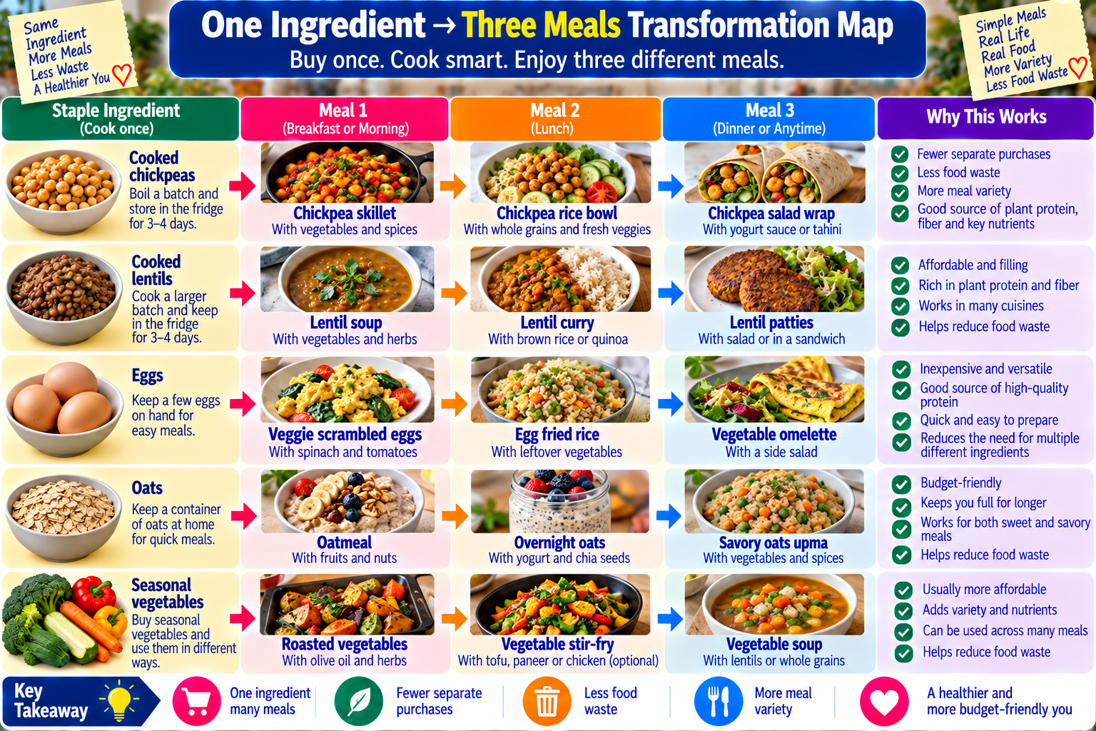 Budget meal map showing how one affordable ingredient can be reused across three different healthy meals