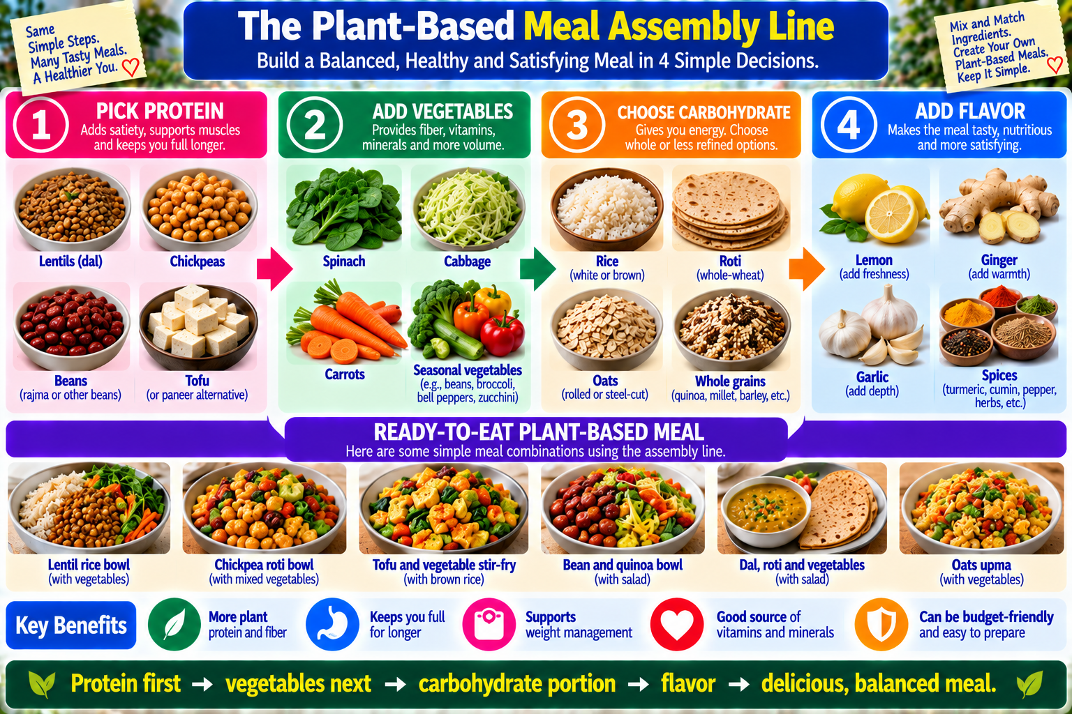 Plant-based meal assembly guide showing how to choose protein, vegetables, carbohydrates, and flavor for a weight-management meal