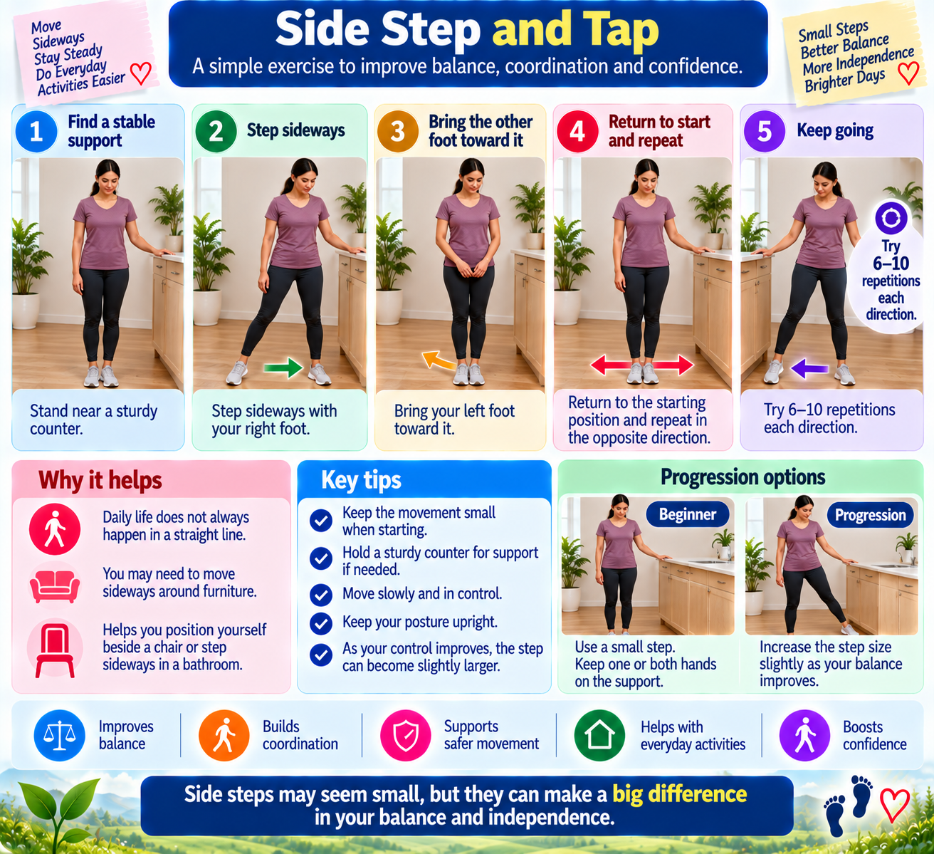 Step-by-step side step and tap exercise beside a sturdy counter, showing controlled sideways movement, repetitions, and progression options for balance.