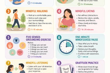 Infographic showing 10 simple mindfulness exercises for beginners, including mindful breathing, body scan, mindful walking, mindful eating, grounding techniques, gratitude practice, journaling, and loving-kindness meditation.