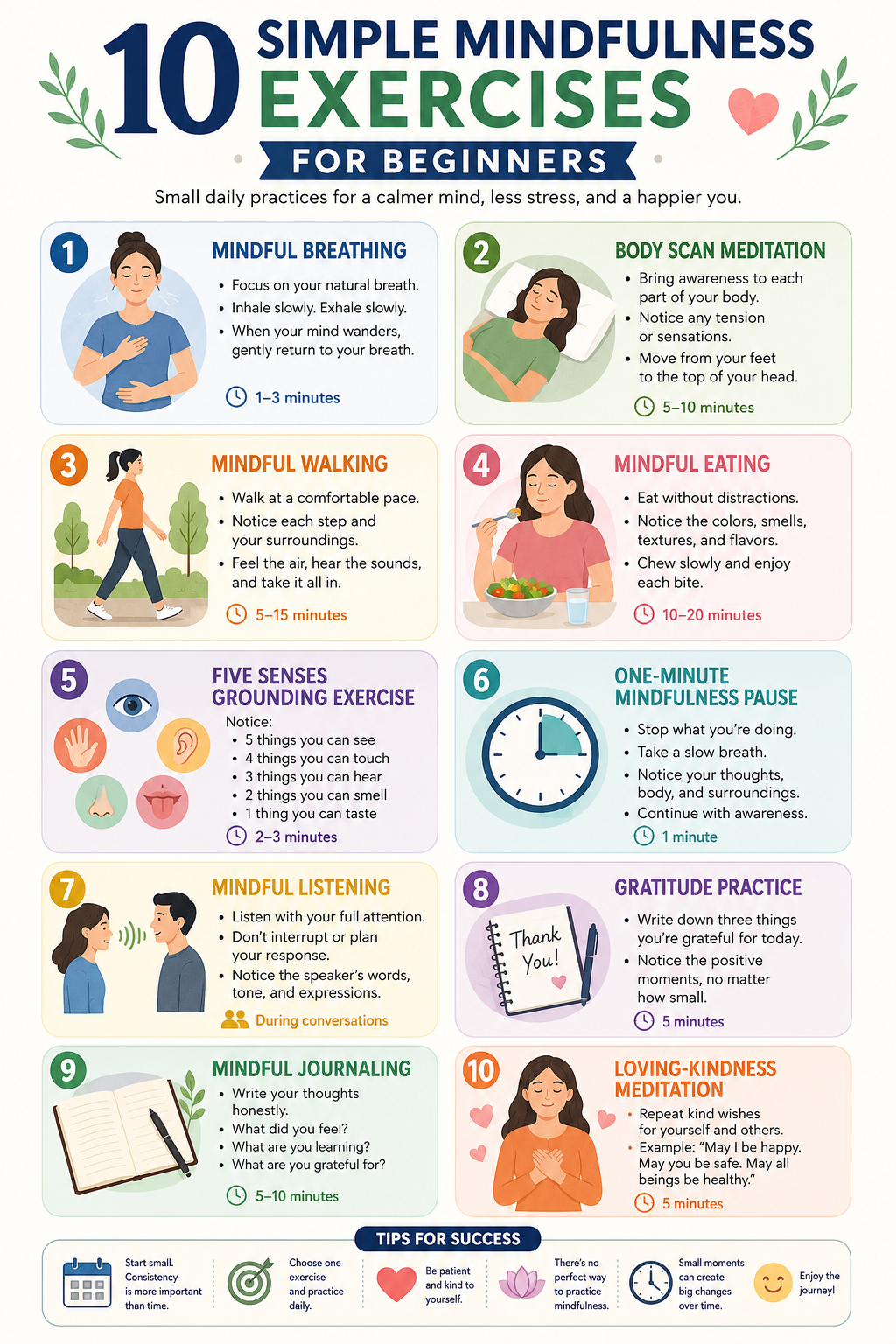 Infographic showing 10 simple mindfulness exercises for beginners, including mindful breathing, body scan, mindful walking, mindful eating, grounding techniques, gratitude practice, journaling, and loving-kindness meditation.