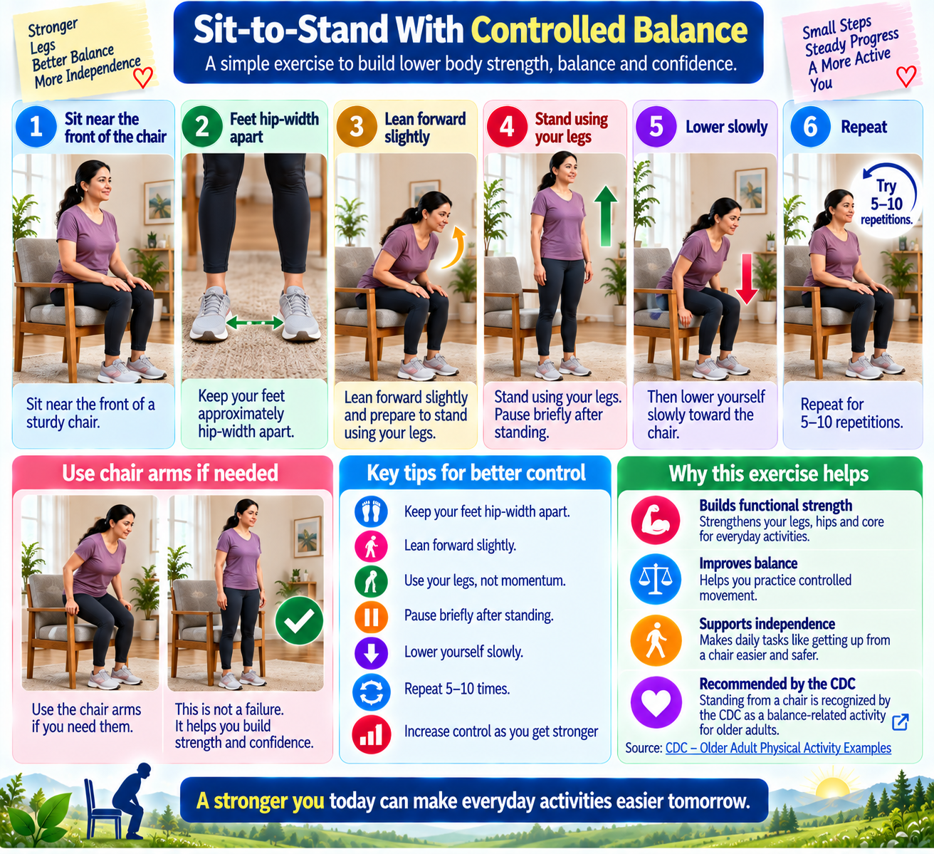 Step-by-step sit-to-stand exercise from a sturdy chair, showing controlled standing, slow lowering, chair-arm support, and balance progression.