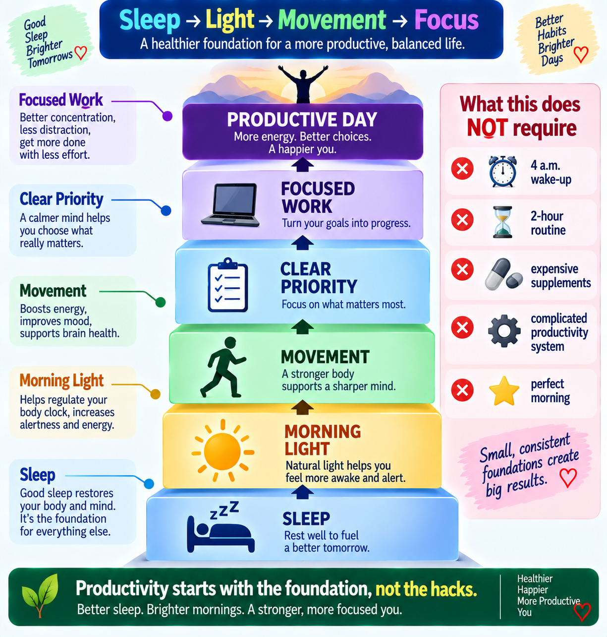 Morning productivity foundation map connecting adequate sleep, morning light, movement and focused work