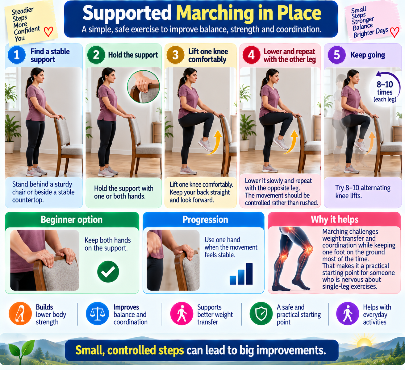 Step-by-step supported marching in place exercise using a sturdy chair, with beginner and progression options for balance and coordination.