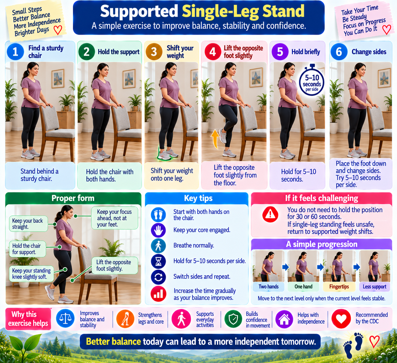 Step-by-step supported single-leg stand using a sturdy chair, showing weight shifting, brief single-leg balance, safe form, and progression options.