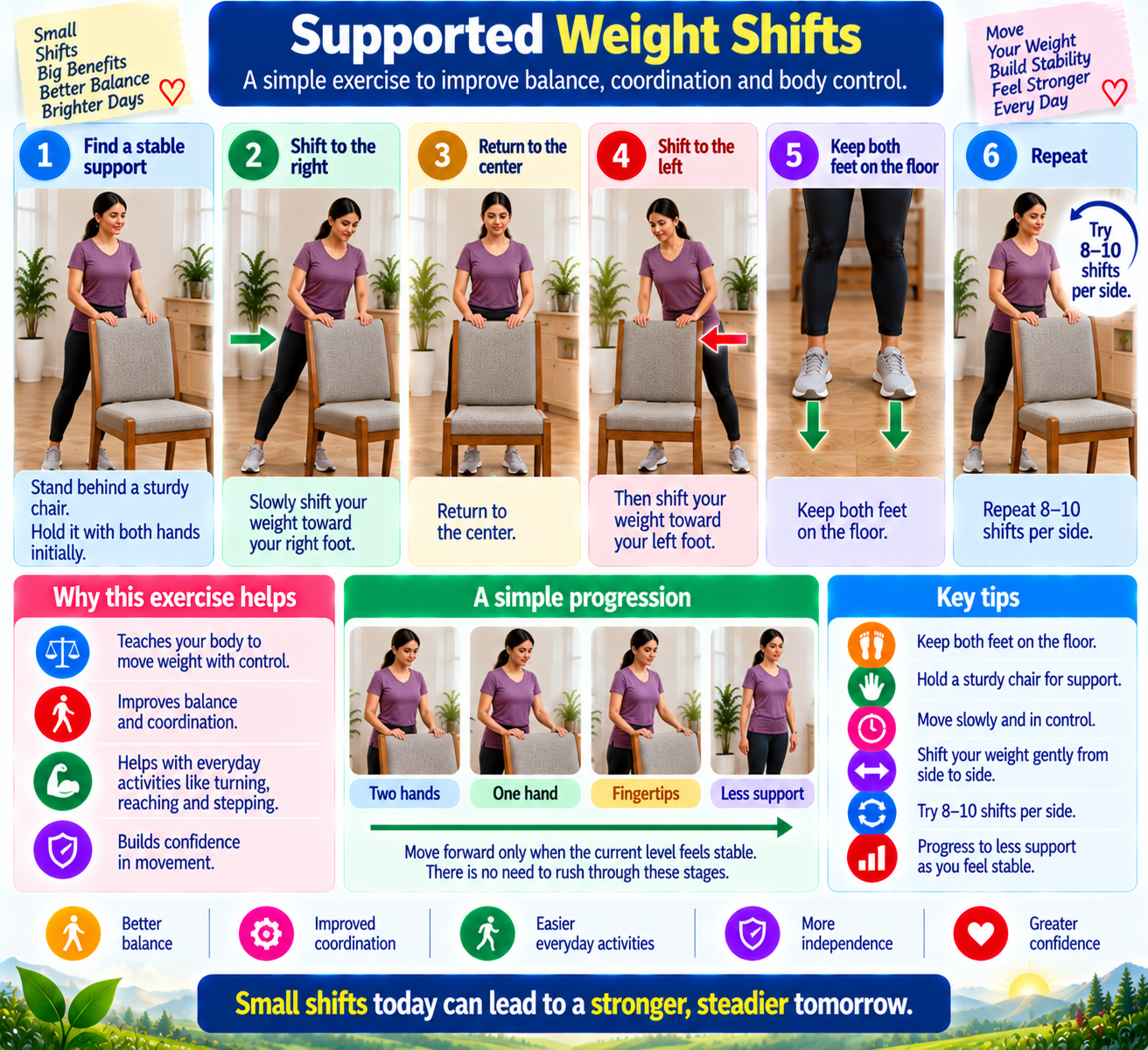 Step-by-step supported weight-shift exercise using a sturdy chair, showing side-to-side weight transfer, repetitions, and progression from two hands to less support.