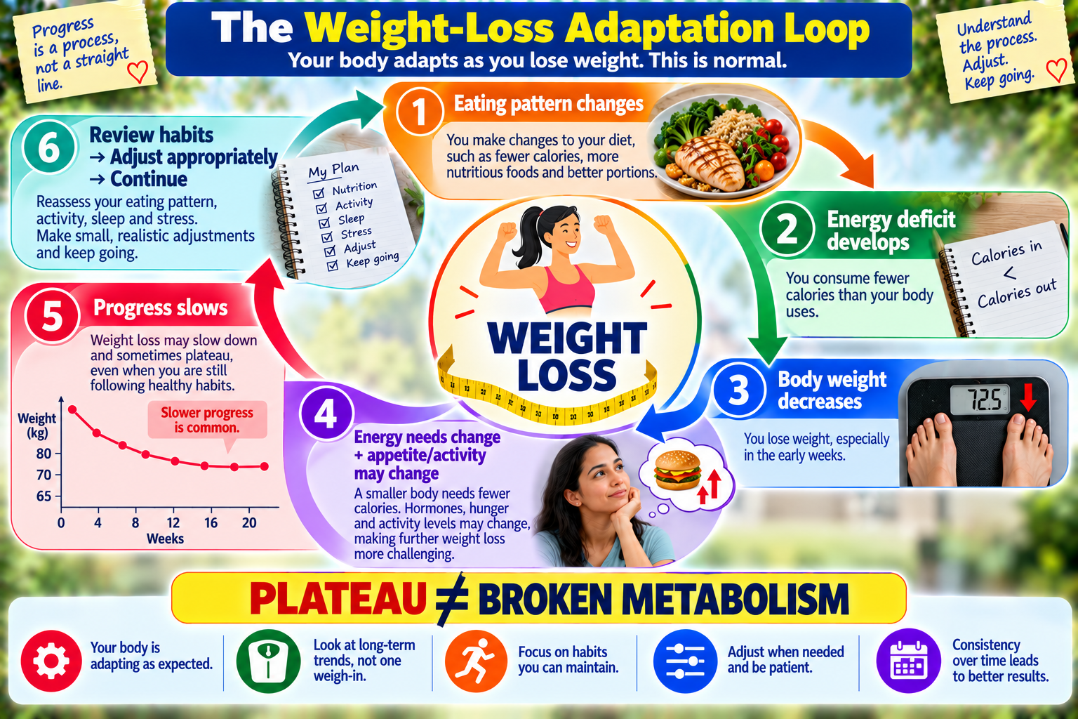 Weight loss adaptation loop showing how energy deficit, decreasing body weight, changing energy needs and appetite can cause progress to slow