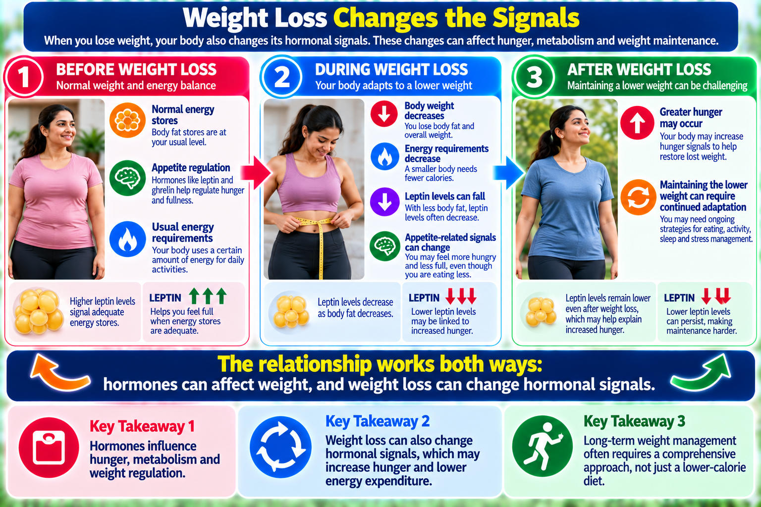 Infographic showing how appetite-related hormone signals can change before, during and after weight loss, including changes in leptin and ghrelin