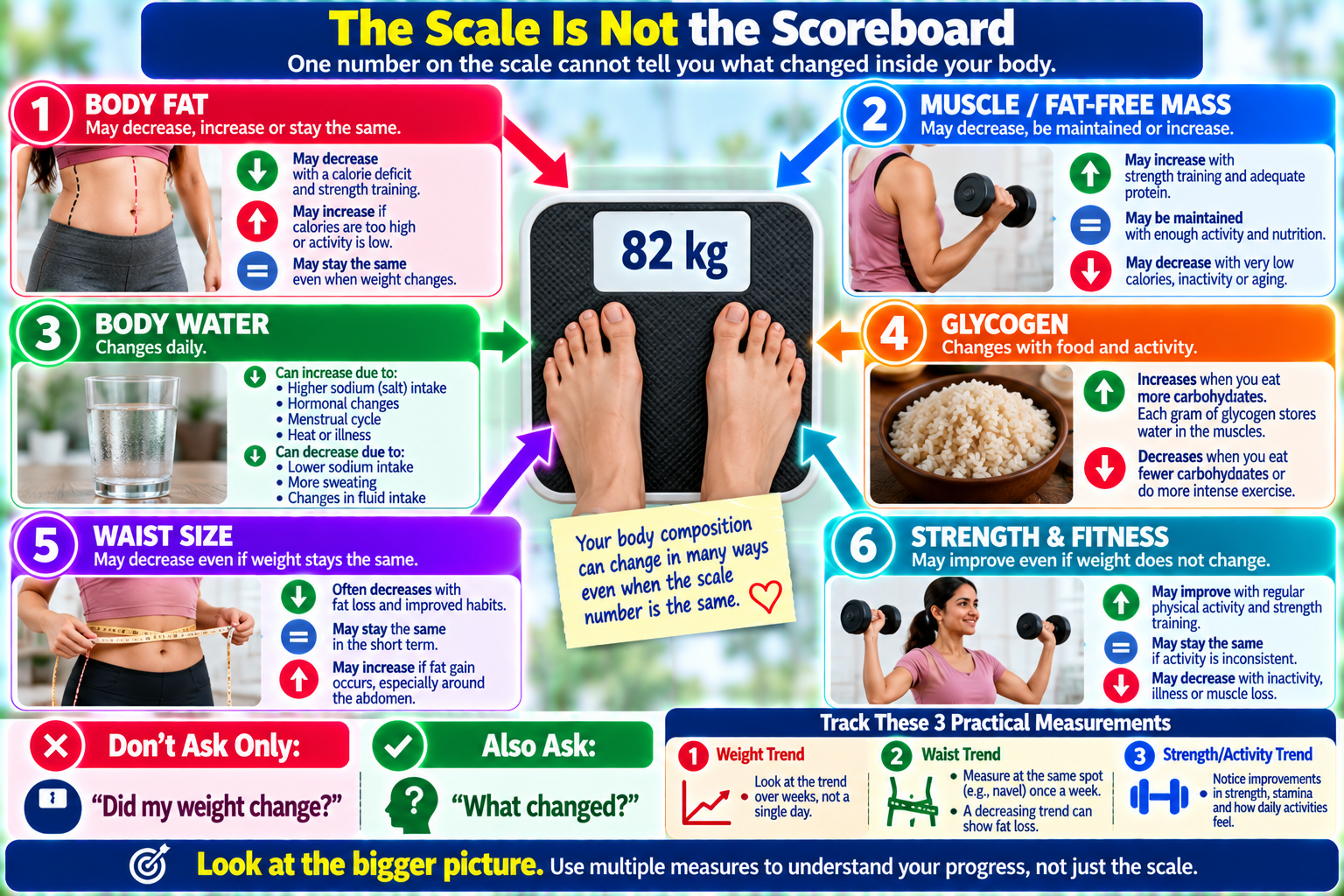 Weight loss progress dashboard showing body weight, body fat, muscle, water, waist size and strength as different measures of progress