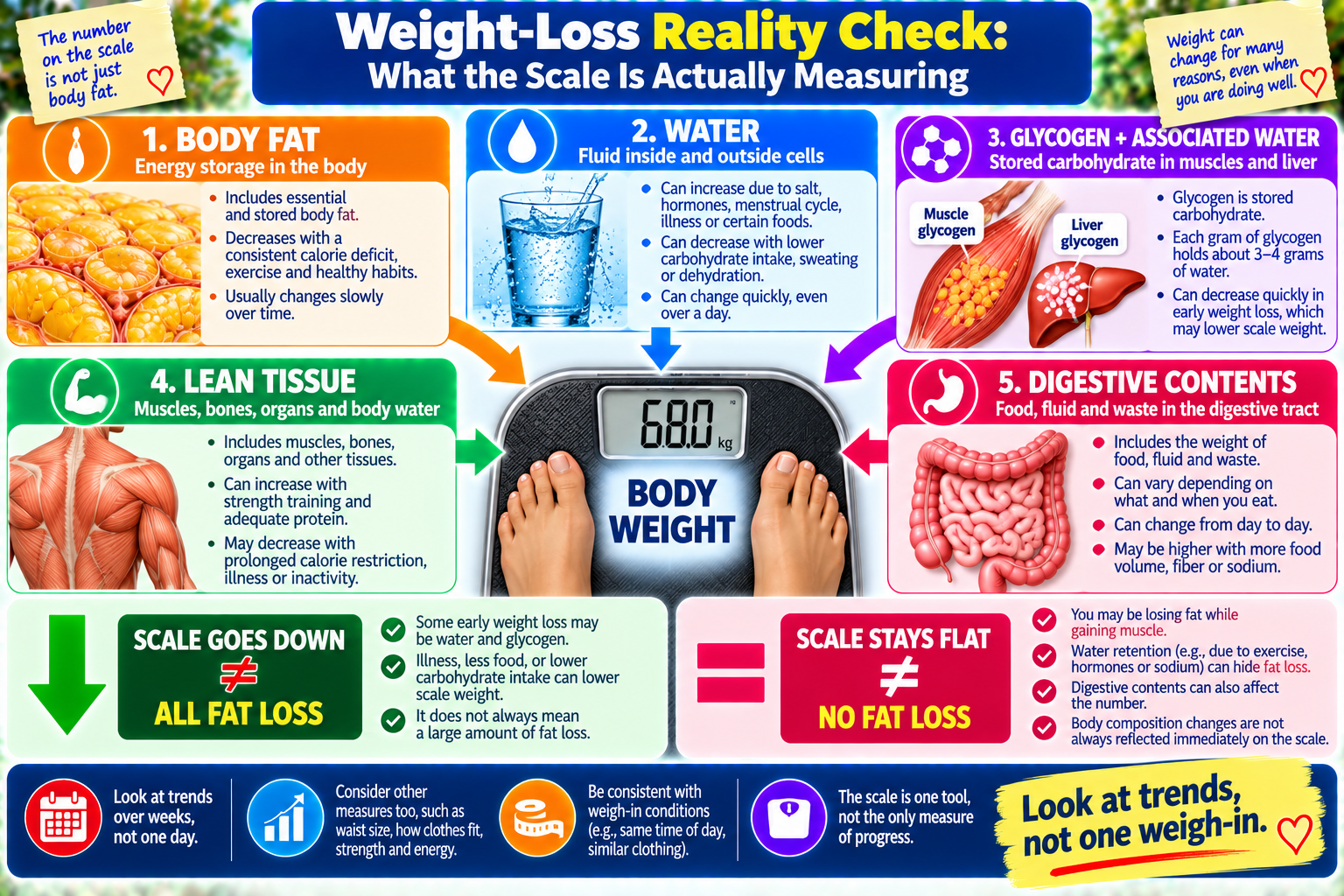 Weight loss infographic showing how body fat, water, glycogen, lean tissue and digestive contents can affect the number on the scale