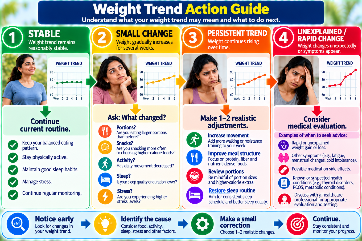 Weight maintenance early-warning system showing stable weight, small upward trend, lifestyle change and practical correction steps