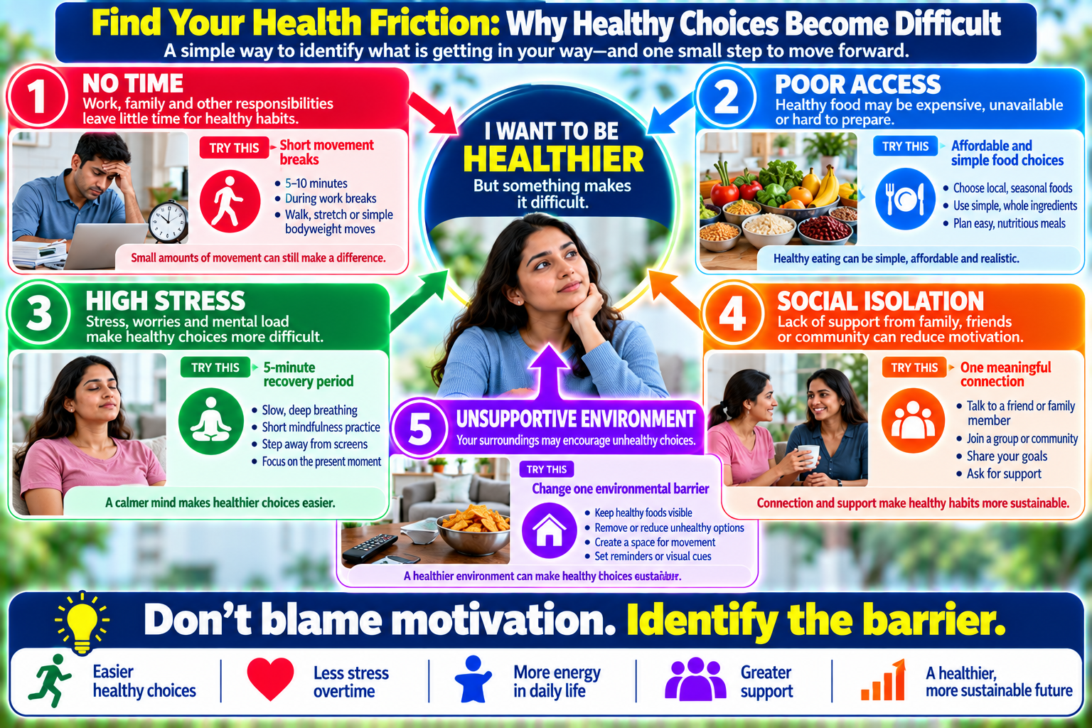Whole-person health friction map showing common barriers to healthy choices and practical responses