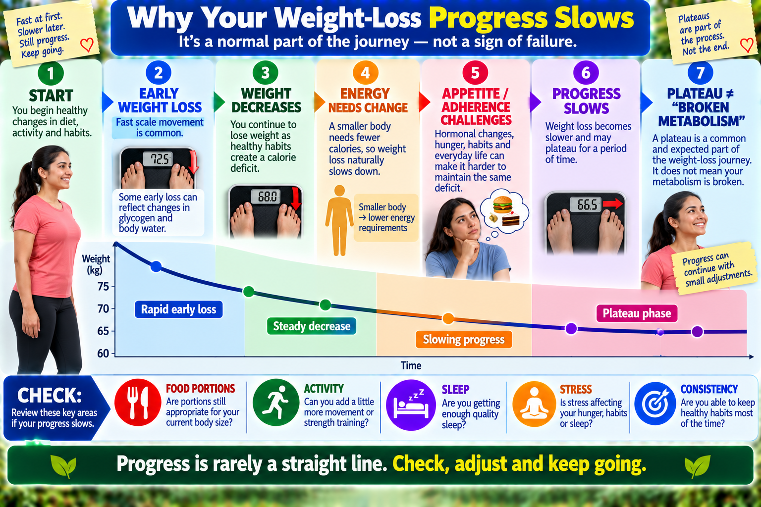 Weight loss plateau infographic showing why early weight loss slows as body weight, energy needs and appetite change