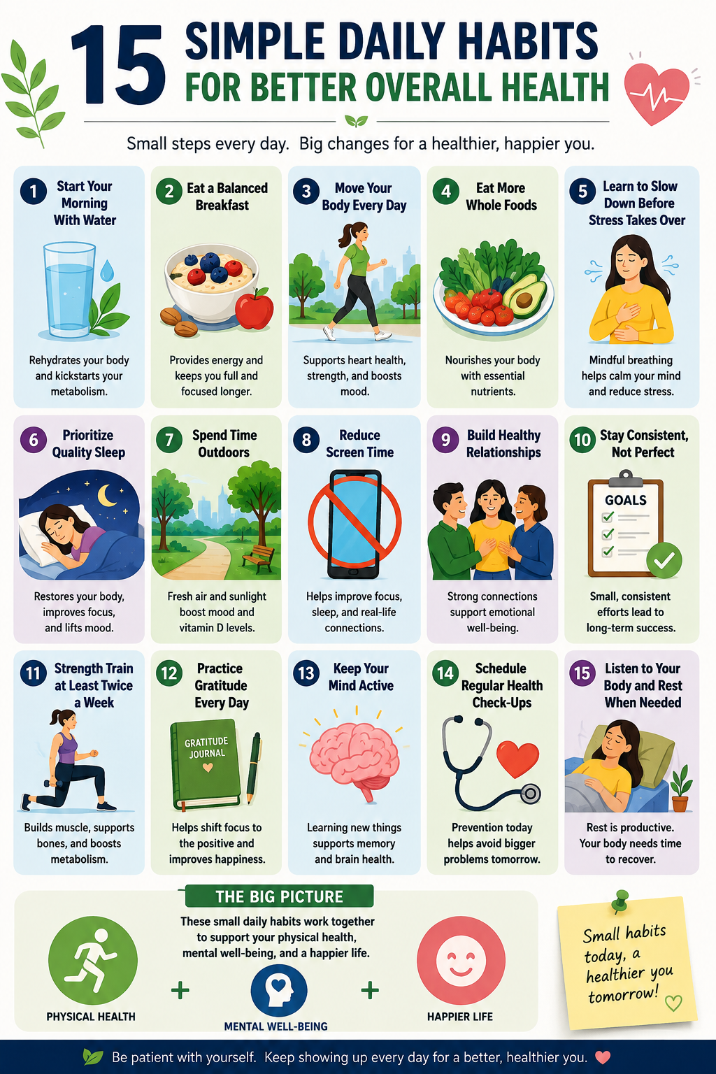 Infographic showing 15 simple daily habits that support overall health and wellness.