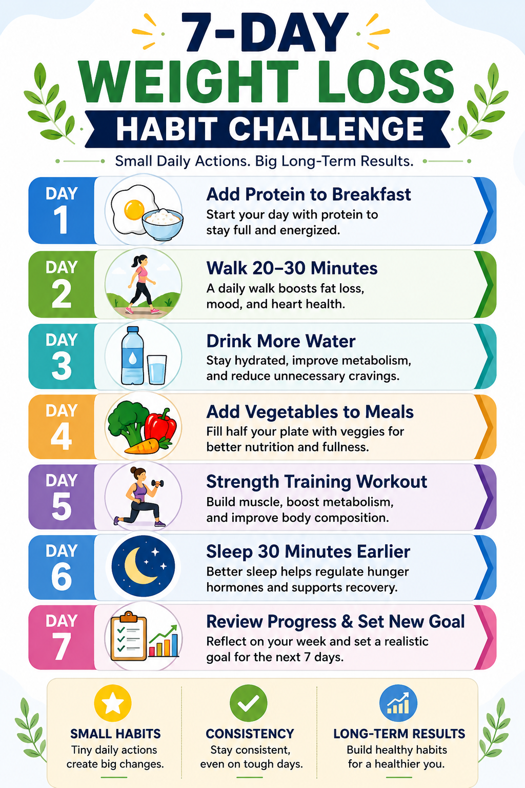 7-day weight loss habit challenge infographic featuring daily actions such as protein intake, walking, hydration, vegetables, strength training, and better sleep.