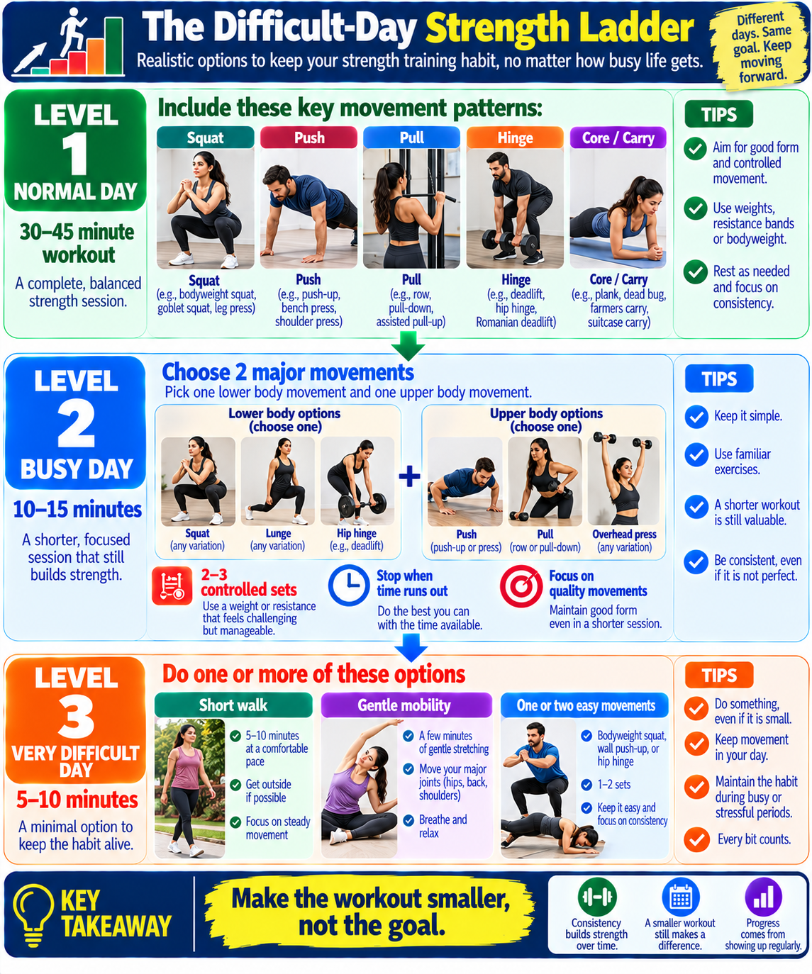 “Difficult-day strength training ladder showing full, short, and minimal workout options for maintaining fitness when time is limited.”