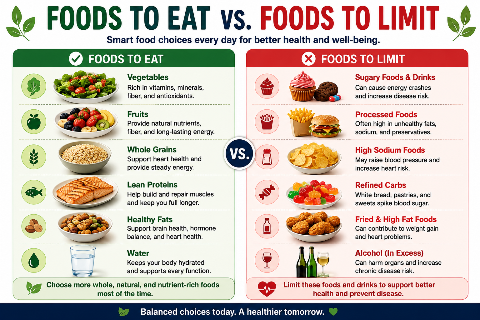 Comparison of nutritious foods to eat more often and foods to limit for better overall health.