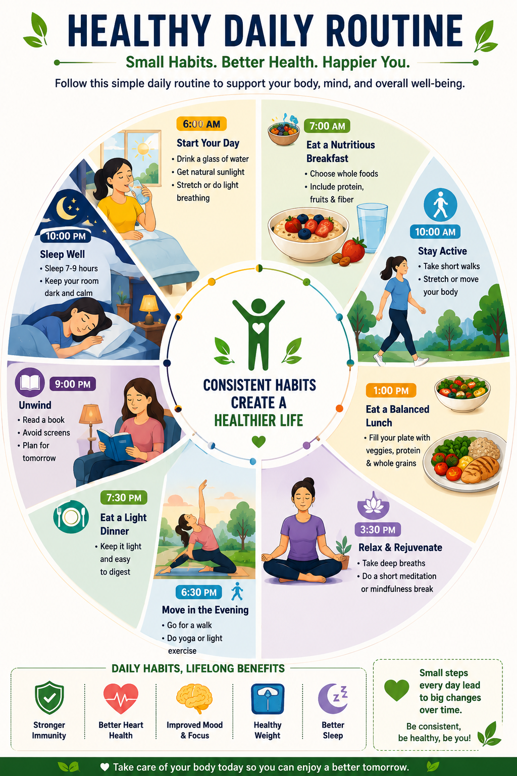 Morning, afternoon, and evening routine for maintaining better overall health.