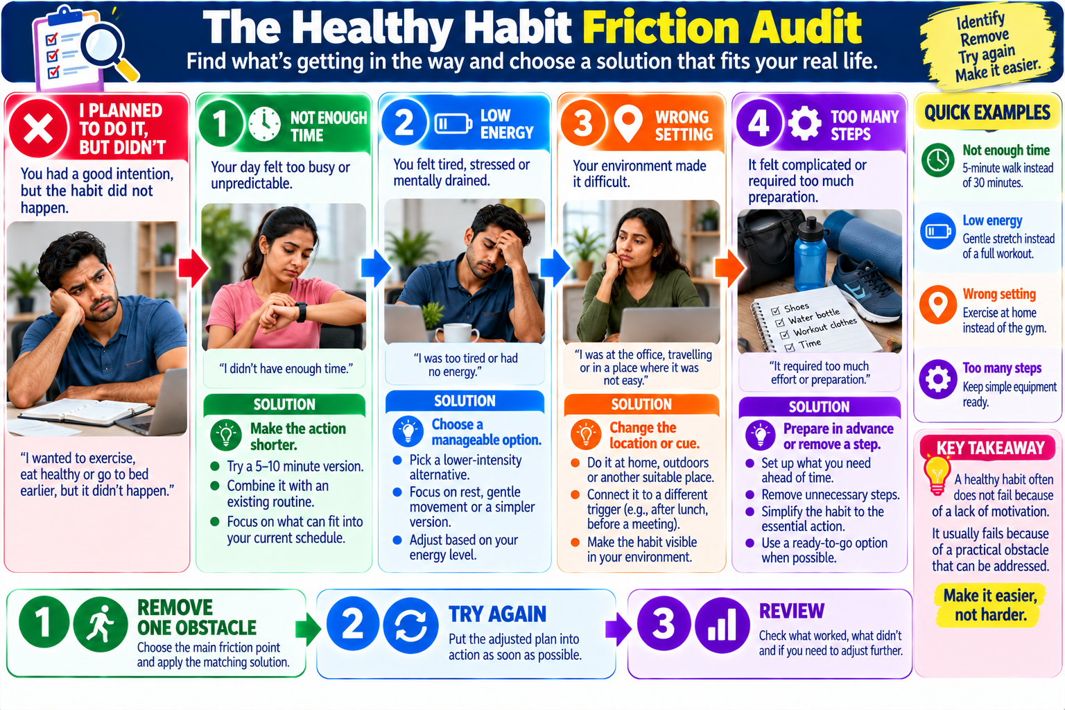Healthy habit friction audit infographic matching common barriers such as limited time, low energy, inconvenient settings, and too many steps with practical solutions.