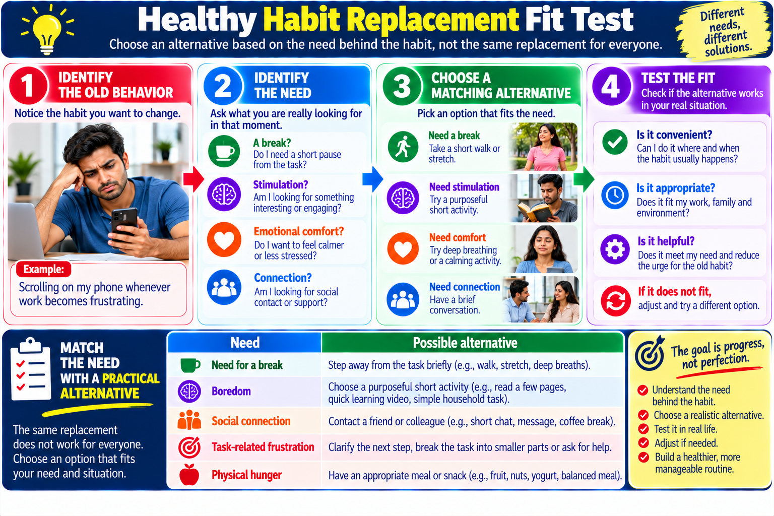 Healthy habit replacement infographic matching common triggers and needs with practical alternative behaviors.