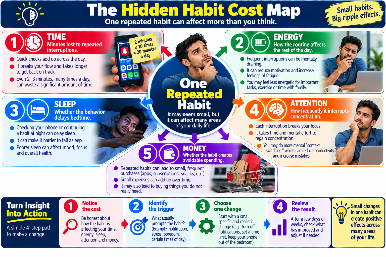 Hidden habit cost map showing how repeated behaviors may affect time, energy, sleep, attention, and spending.