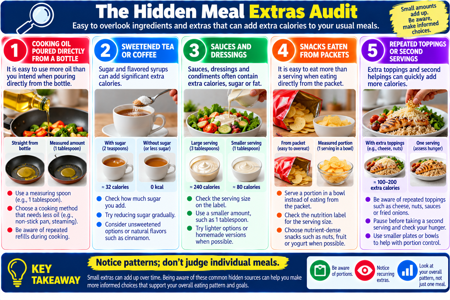 Healthy eating infographic highlighting cooking oil, sweetened drinks, sauces, snack portions, and toppings to review for weight management.