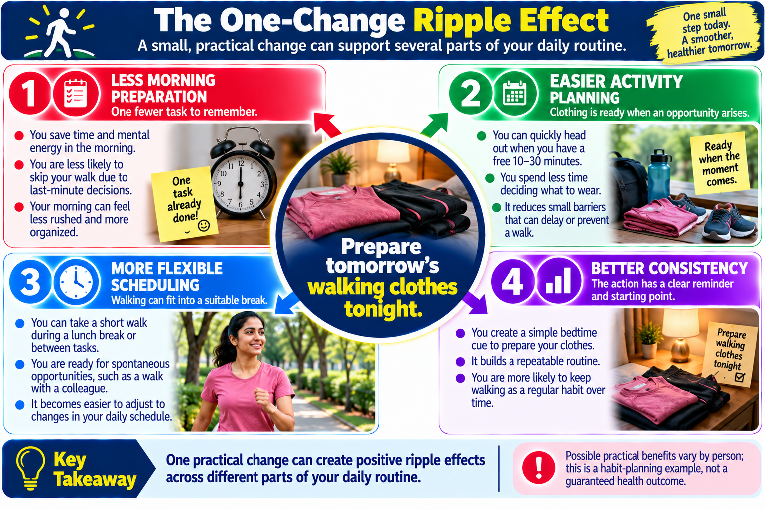 One-change ripple effect infographic illustrating how preparing walking clothes in advance may reduce friction and make physical activity easier to plan.